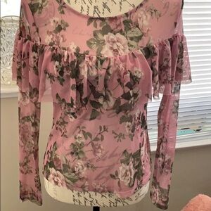 Rue 21 sheer mesh  rose long sleeve ruffled shirt